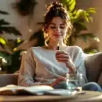 A woman sitting in a cozy home environment holding a CBD tincture, preparing to use it for sinus relief.