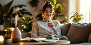 A woman sitting in a cozy home environment holding a CBD tincture, preparing to use it for sinus relief.