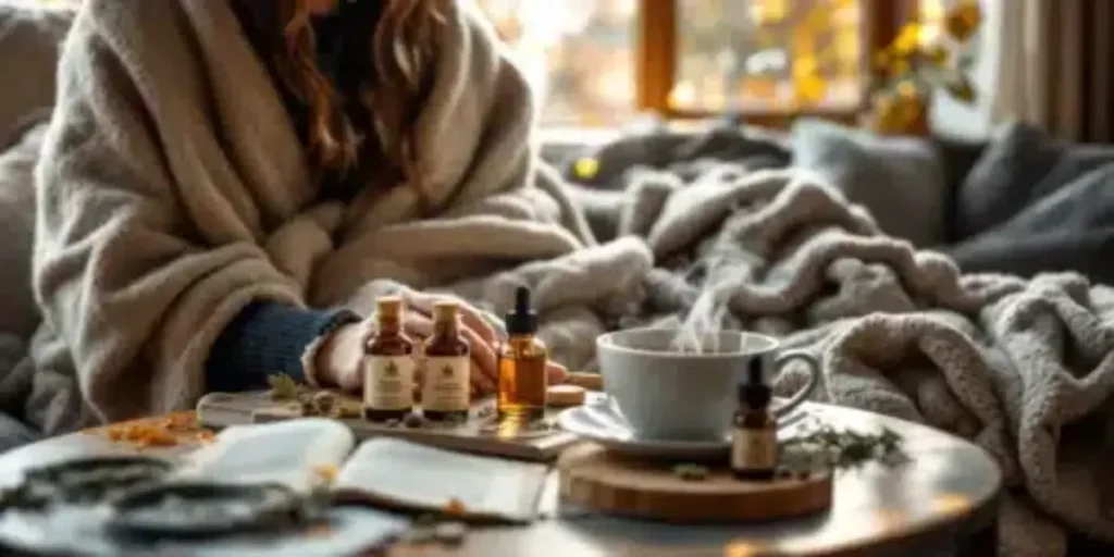 Assorted CBD and THC tincture bottles beside steaming mug on cozy sofa table with blanketed figure.