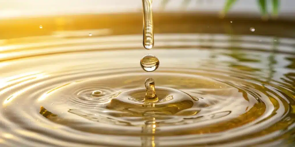 Golden drop of cbd oil splashing into water, creating gentle ripples under warm sunlight