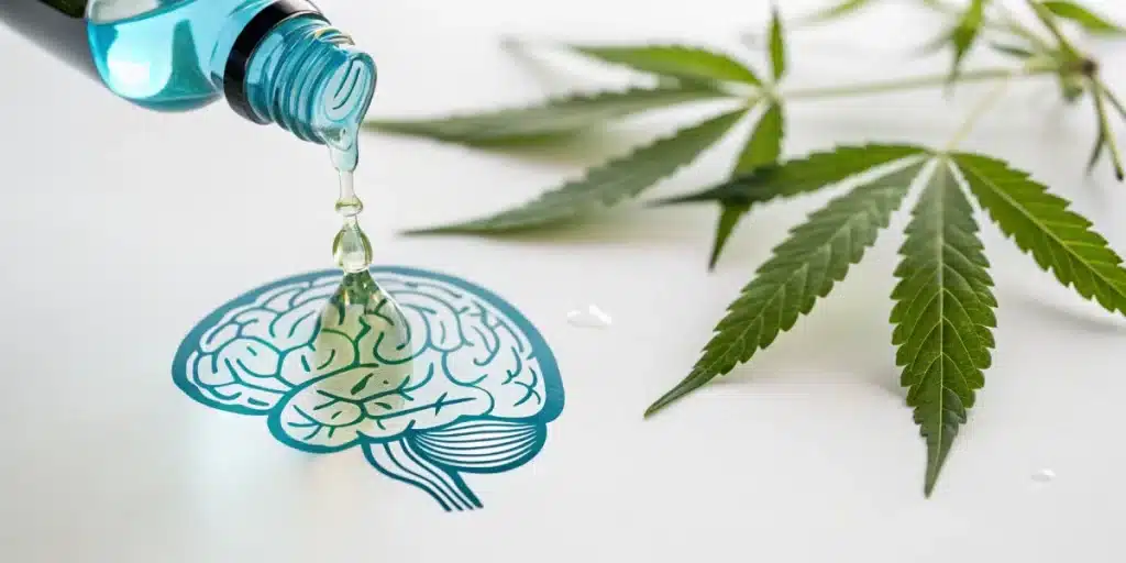 Dropper releasing CBD oil over an illustrated brain with a cannabis leaf nearby, symbolizing mental health benefits