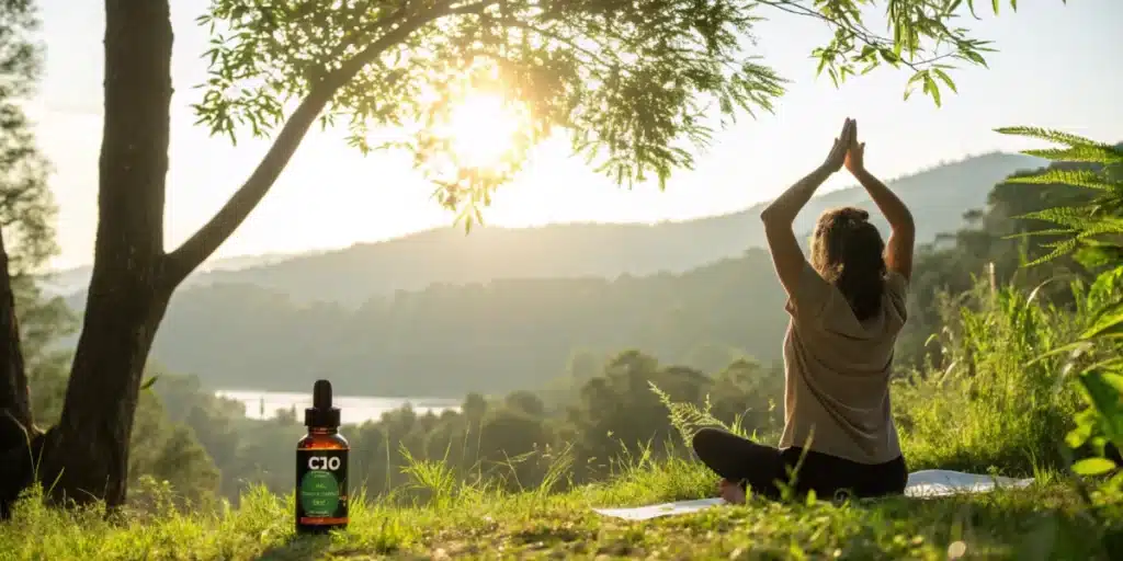 Woman practicing yoga outdoors in a scenic landscape, with a CBD dropper bottle placed on the grass under a tree at sunrise