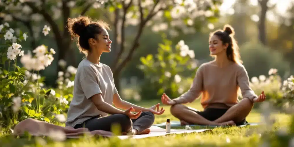 Two women meditating outdoors with a CBD oil bottle nearby, promoting sinus relief and relaxation.