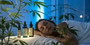 Woman sleeping peacefully on a massage table surrounded by cannabis plants, with CBD bottles softly illuminated under a calming blue light