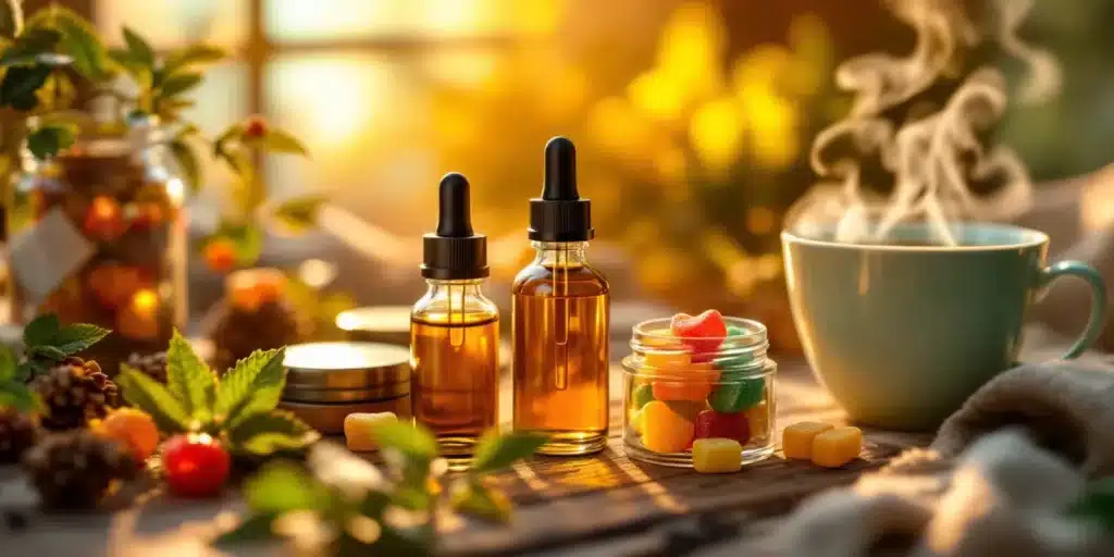 CBD oil bottles and gummies next to a steaming herbal tea, offering a natural way to combat flu symptoms.