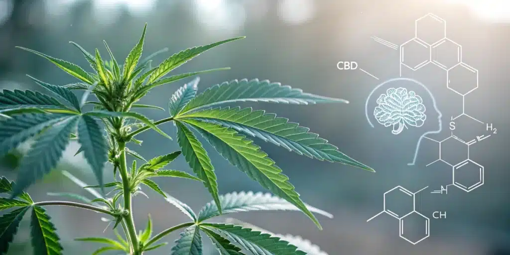 Cannabis plant with green, serrated leaves and digital CBD chemical structure overlay, illustrating medical potential