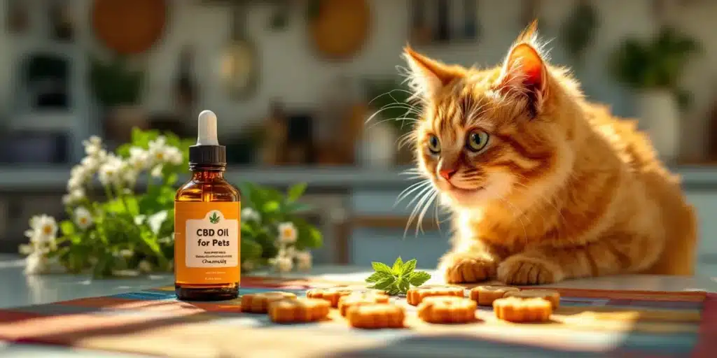 A curious cat looking at CBD oil for pets with treats on a table.