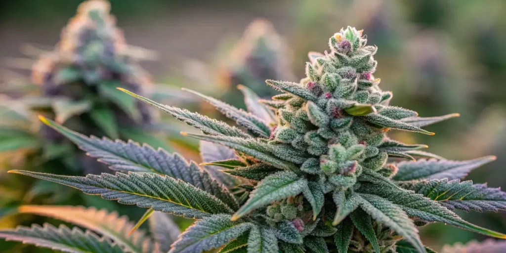 Cali cannabis buds glowing in the warm light of a sunset, showing rich purple and green hues.