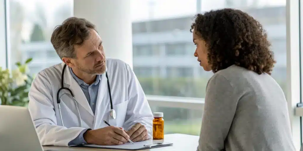 Doctor discussing cannabis in leukemia treatment options with a patient in a clinic.