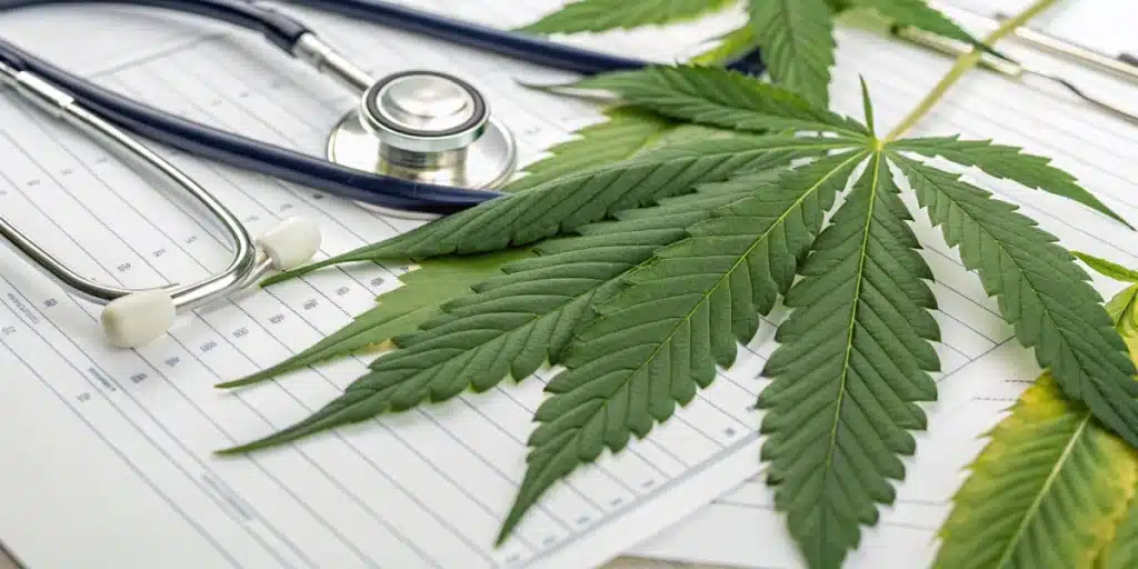 lose-up of cannabis leaves and research tools representing cannabis in leukemia treatment.