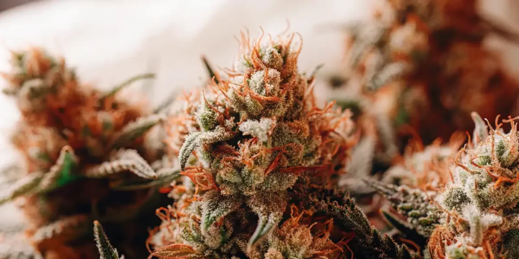 Cannabis buds with frosty trichomes and orange pistils illuminated by the warm light of golden hour.