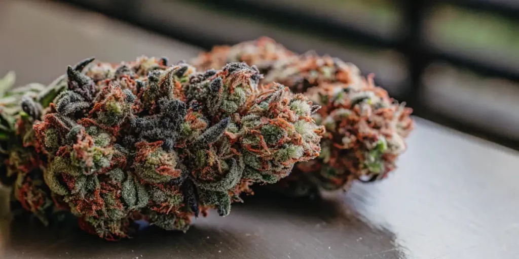 Close-up of cannabis buds with frosty trichomes, set on a gray surface.