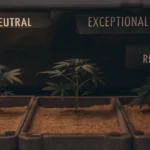Hyper-realistic image of a cannabis cultivation system with young plants in rectangular trays, labeled "P.H. NEUTRAL," "EXCEPTIONAL DRAINAGE," and "REUSABLE."