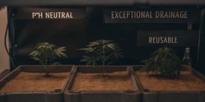 Hyper-realistic image of a cannabis cultivation system with young plants in rectangular trays, labeled "P.H. NEUTRAL," "EXCEPTIONAL DRAINAGE," and "REUSABLE."