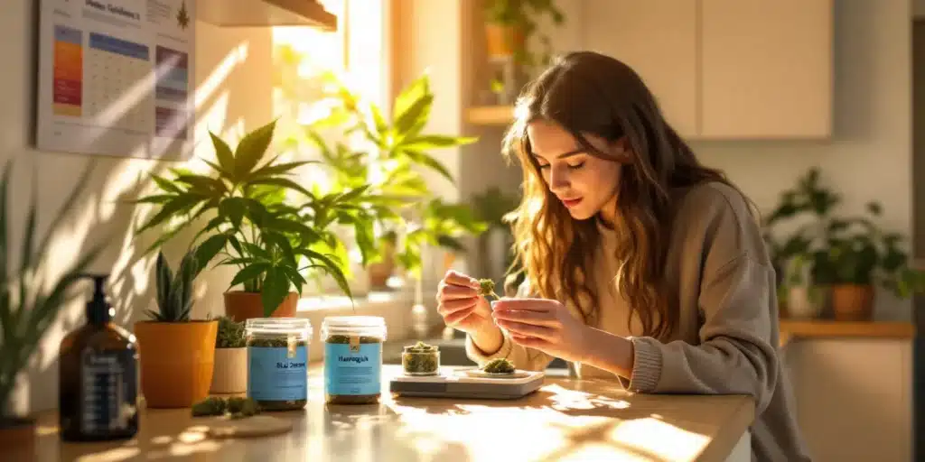 A woman in a well-lit kitchen handling cannabis flowers, examining their texture.