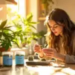 A woman in a well-lit kitchen handling cannabis flowers, examining their texture.