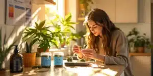 A woman in a well-lit kitchen handling cannabis flowers, examining their texture.