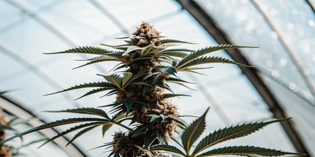 Close-up of a cannabis plant with dense buds and green leaves growing in a greenhouse.