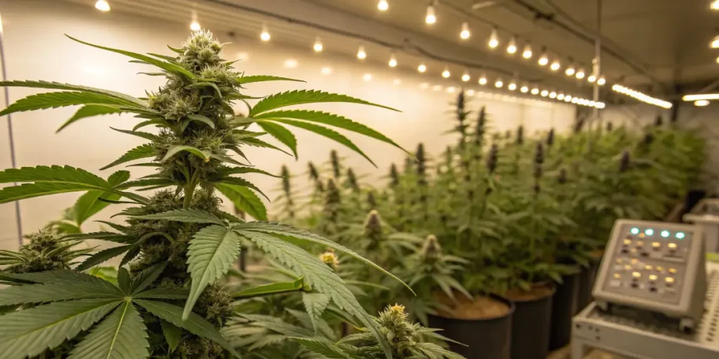 Hyper-realistic scene: rows of cannabis plants with dense buds in a grow room under lights, with a control panel and rows of plants in background.