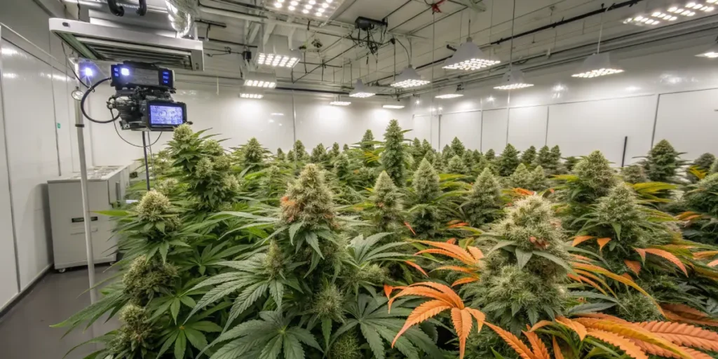 Hyper-realistic indoor cannabis grow room filled with mature plants, with a camera and monitors for cultivation.