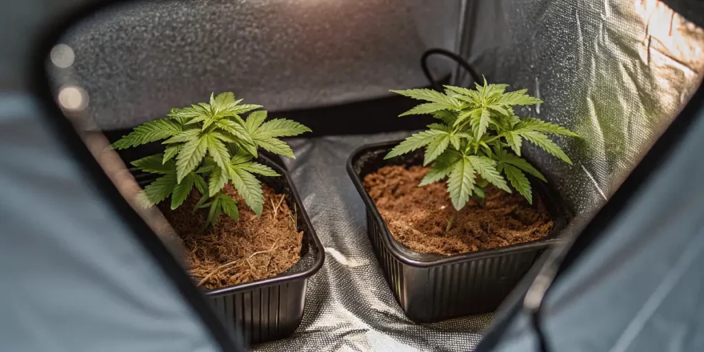 Close-up: two vibrant cannabis seedlings in pots inside a reflective grow tent.