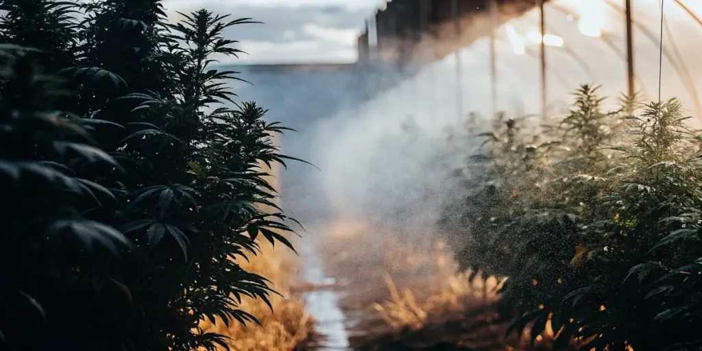 Cannabis plants being misted by an irrigation system inside a greenhouse tunnel.