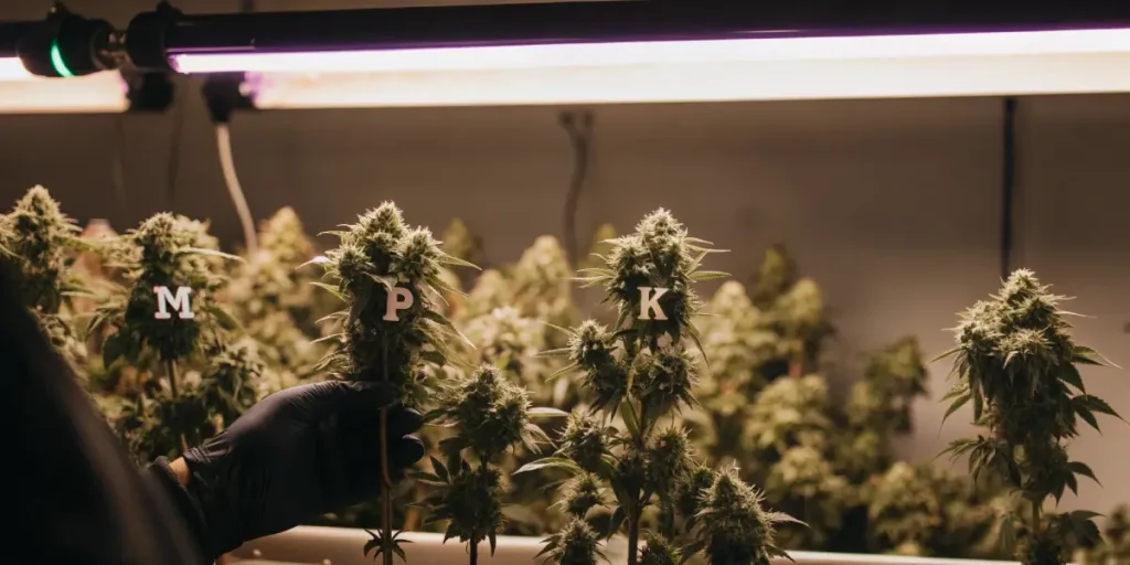 Gloved hand holding a cannabis plant with "M," "P," "K" labels on plants, under grow lights, in an indoor grow room.