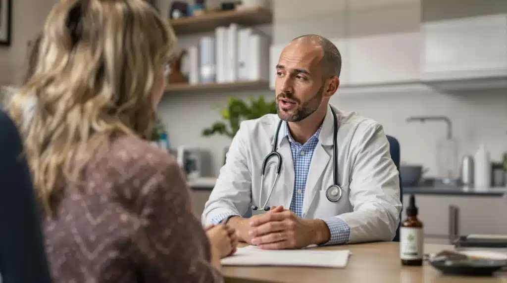 Doctor discussing cannabis oil treatment for autism with a parent seeking alternative therapies.