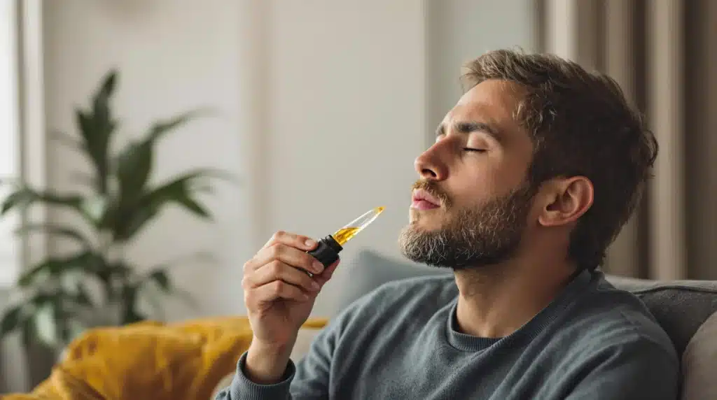 Cannabis oil helping an adult with autism manage anxiety in a calm environment.