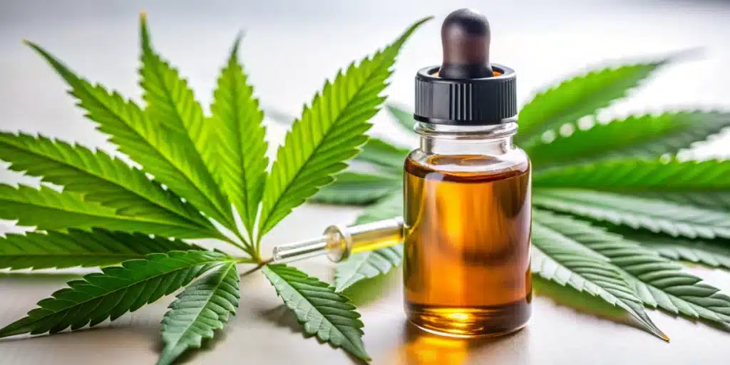 Close-up of a cannabis oil bottle with a dropper and cannabis leaves, symbolizing natural seizure treatment.
