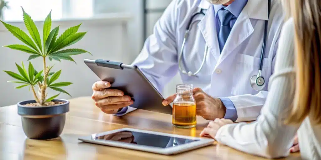 Patient consulting with a healthcare professional about cannabis oil treatment for seizures in a modern office setting.