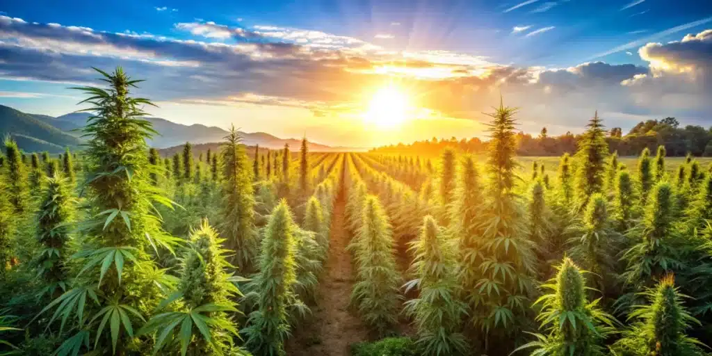 Vibrant cannabis field under sunlight, representing the natural origins of cannabis oil for seizure management