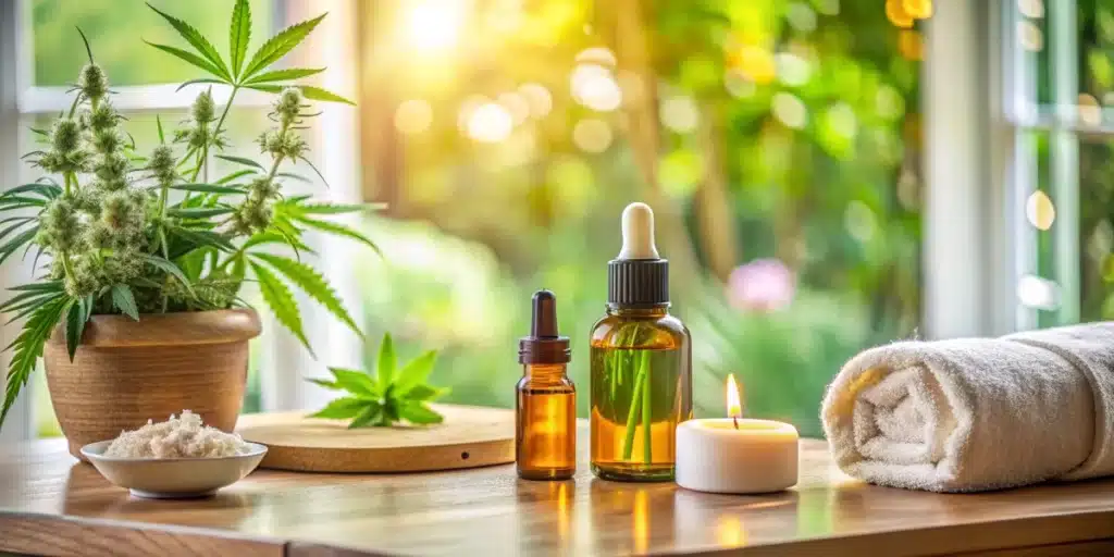 Serene wellness space displaying cannabis oil alongside skincare products, representing a natural approach to skin cancer care.