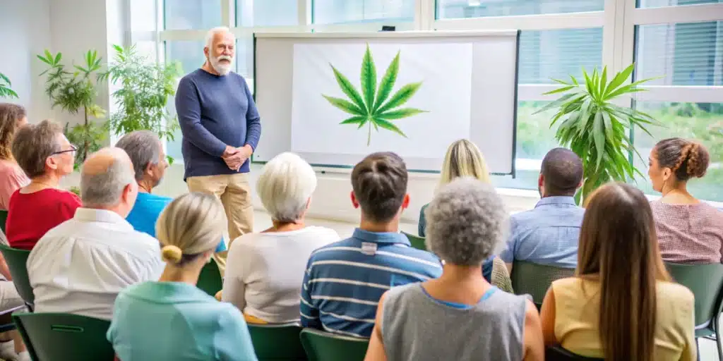Community health workshop with participants learning about cannabis oil treatment for skin cancer, emphasizing shared knowledge and support.