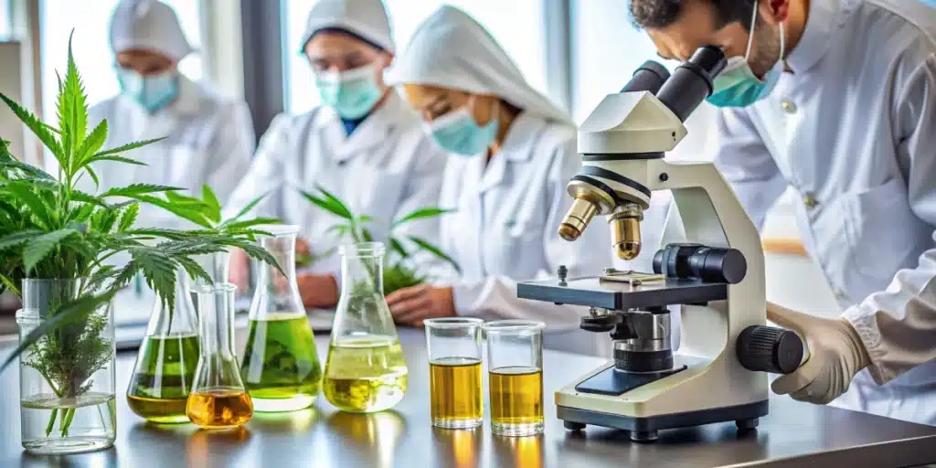 Scientists examining cannabis oil samples in a laboratory, highlighting research for skin cancer treatment.