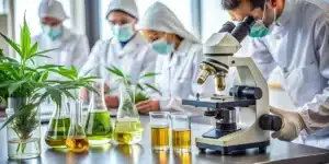 Scientists examining cannabis oil samples in a laboratory, highlighting research for skin cancer treatment.