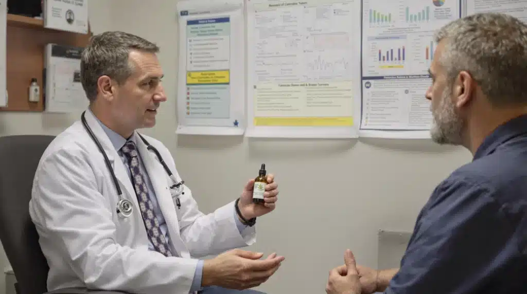Doctor discussing cannabis oil treatment for brain tumors with a patient during a consultation.