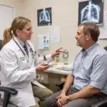 Doctor explaining cannabis oil treatment for lung cancer to a patient.