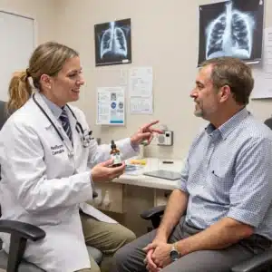 Doctor explaining cannabis oil treatment for lung cancer to a patient.