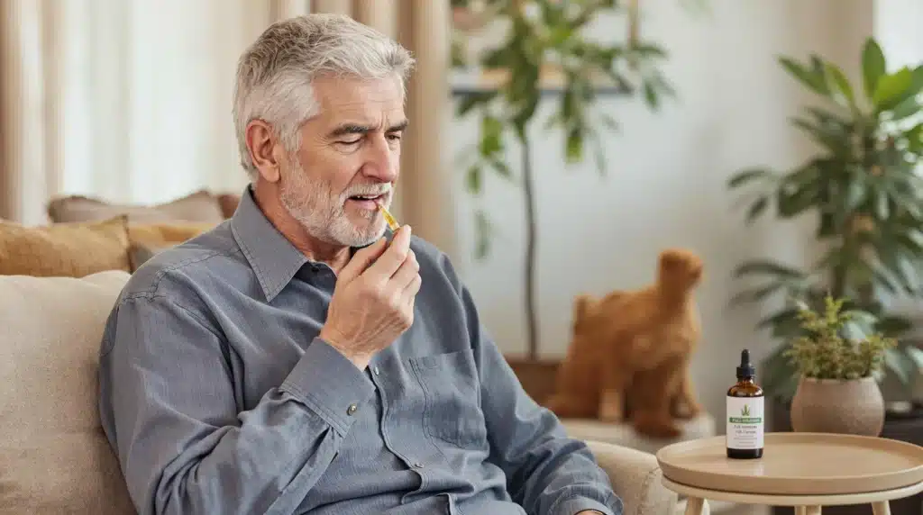 Lung cancer patient using cannabis oil for symptom relief and treatment support.