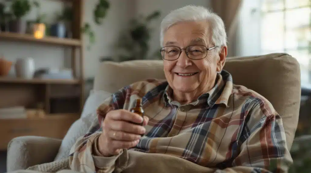 Elderly MS patient using cannabis oil for pain management and improved mobility.