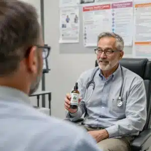 Doctor discussing cannabis oil treatment for prostate cancer with a patient.