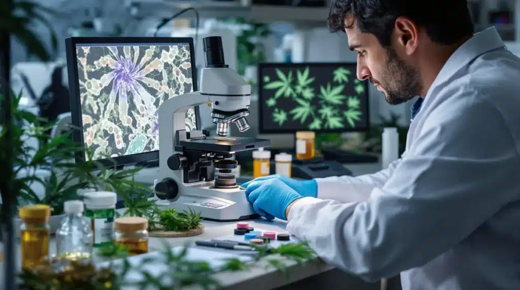 Scientific research on cannabis oil treatment for prostate cancer in a medical lab.