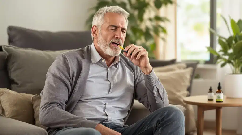 Prostate cancer patient using cannabis oil for pain relief and symptom management.