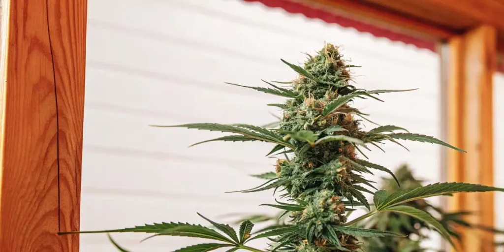 Cannabis plant with thick buds growing in a garden under natural sunlight.