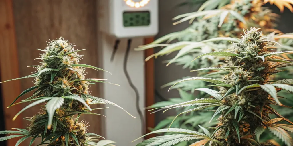 Hyper-realistic scene: two cannabis plants with dense buds and a white digital monitor with glowing numbers in the background in a grow room.