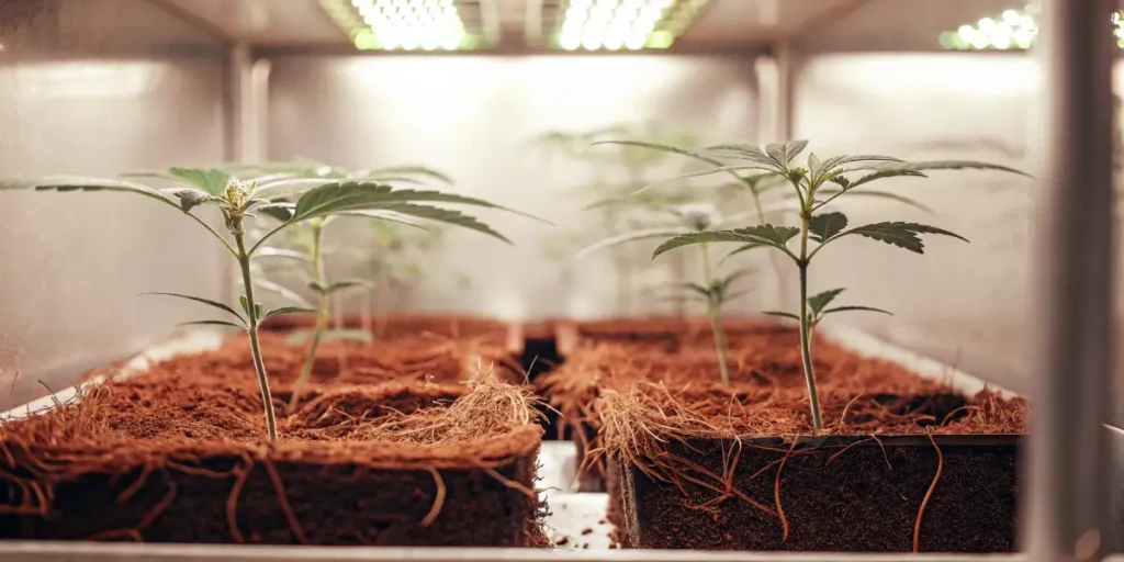 Close-up of young cannabis plants with visible roots in coco coir, under grow lights.