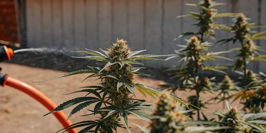 Hyper-realistic scene: close-up of a cannabis plant being watered, with an orange hose and other plants in the background.