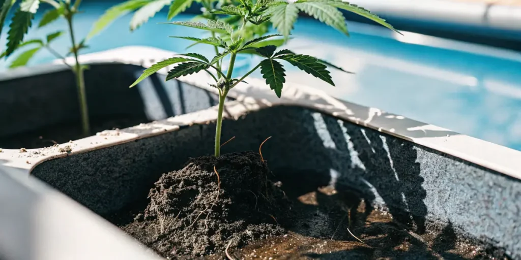 Hyper-realistic close-up of a young cannabis plant with visible roots in a grey planter, with a blurred blue swimming pool in the background.