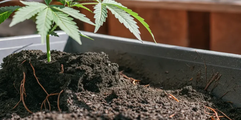 Hyper-realistic close-up of a young cannabis plant with prominent roots and rich soil, set in a raised planter.
